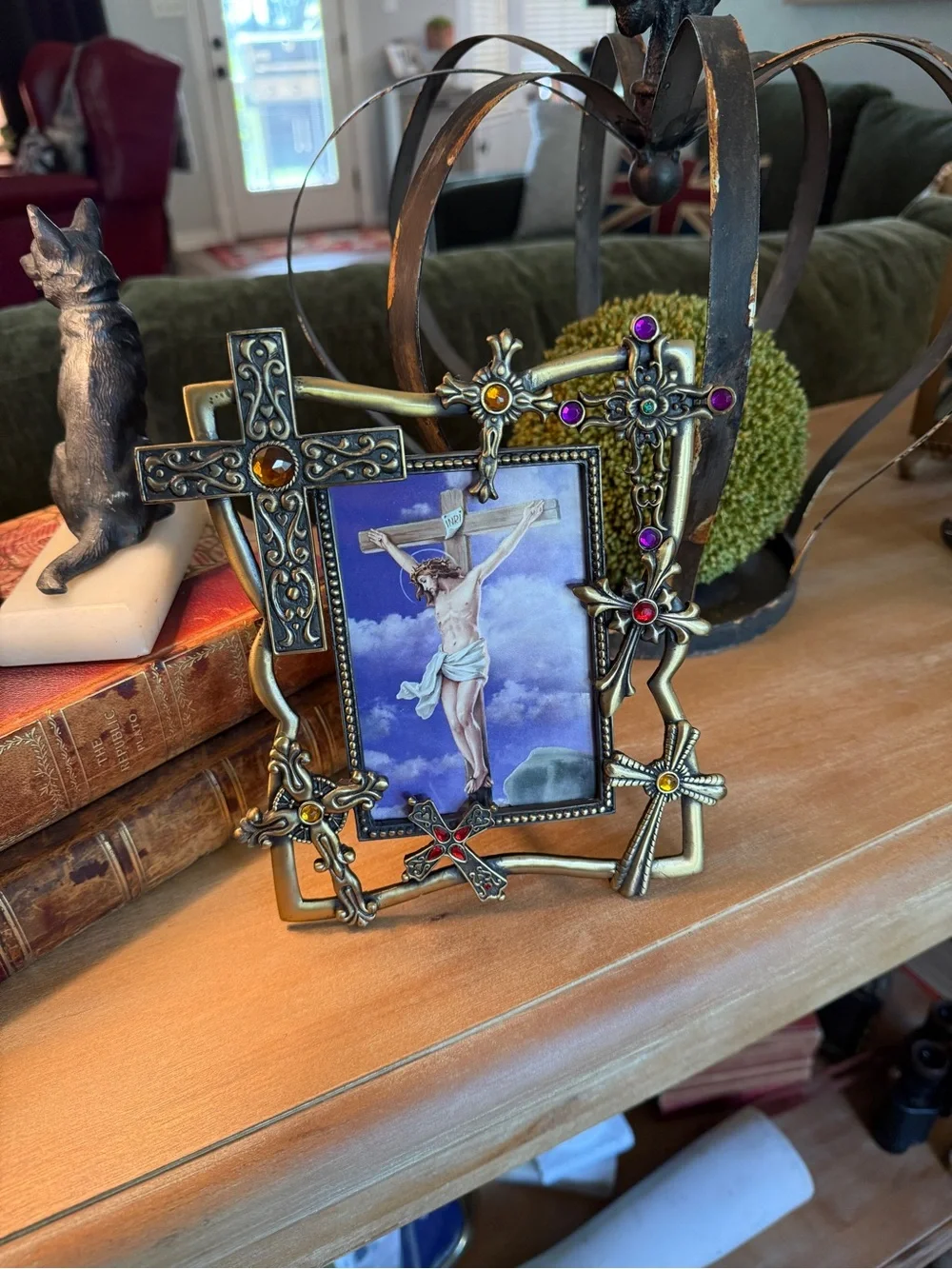 Vintage Decorative Bronze Cross Frame – Ornate Crosses & Gem Accents